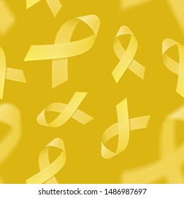 Seamless pattern with realistic Yellow ribbons on Yellow background. Childhood Cancer Awareness symbol in September. Template for banner, poster, invitation, flyer. Vector illustration. EPS10