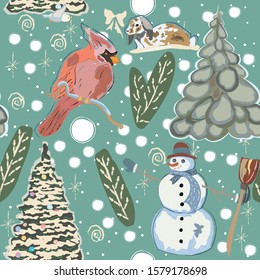 Seamless Pattern with really cute Cardinal bird, bunny and snowman. Lovely Design. European Style