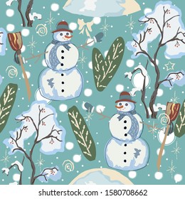Seamless Pattern with really cute snowmen. Lovely Design. European Style