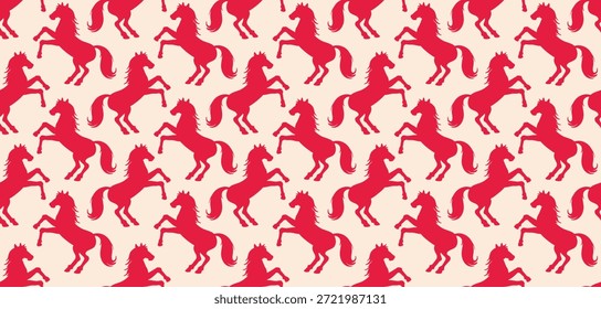 Padrão sem costura com silhuetas de cavalo de criação em vermelho. Motivo repetido de animal equestre. Fundo de vetor para tecido, papel de parede, papel de embrulho, têxtil, impressões de moda e design decorativo.