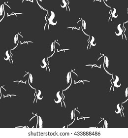 Seamless pattern with rearing stylized freehand horses. Vector illustration. Black and white wallpaper. Artistic grunge ink animal