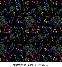 Seamless Pattern of Rebecca purple, June bud, orange peel color rose and tulip flower with amazon and green blue crayola  color banana leaf on black color background. textile design, wallpaper.
