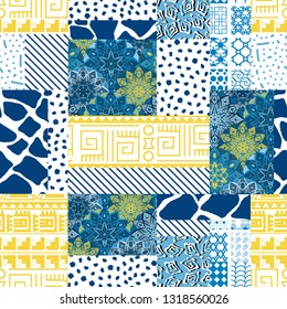 Seamless pattern of rectangles of different textures drawn by hand-vector illustration. Patchwork and floral print.