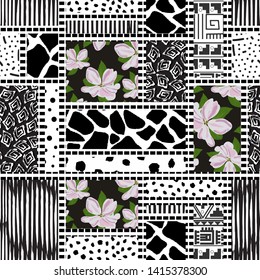 Seamless pattern of rectangles and squares  flowers  with different textures drawn by hands-vector illustration.