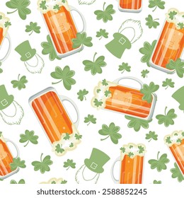 seamless pattern with rectangular glasses with leprechaun face print with wheat beer and shamrock leaves arranged randomly, design for st patrick's day