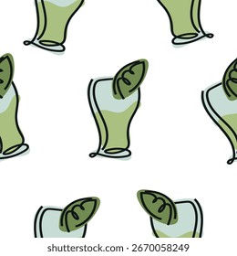 seamless pattern with rectangular mojito glasses in line art style drawn with multiple lines and abstract spots, for packaging, textiles or websites