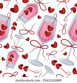 seamless pattern with rectangular wine glasses, pink champagne, berries in the shape of a heart and bows for Valentine's Day	