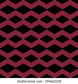 Seamless pattern of recurring bands creating a zigzag in the two sides of the bright pink neon on a black background color