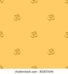 Seamless pattern of recurring signs on Om apricot orange background.