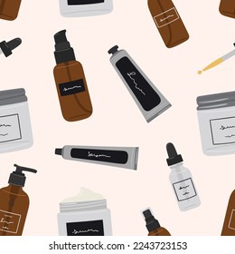 Seamless pattern of recyclable bottles, jars and tubes with organic cosmetics and skin care products. Cleanser, tonner, serum, treatments, oil, cream product. Hand draw vector illustration