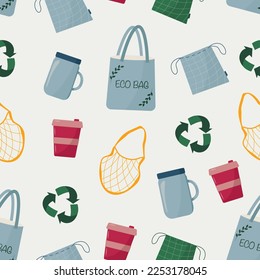 Patrón sin inconvenientes con productos reciclables y reutilizables. Salvemos el planeta. Vayan a basura cero. Vector plano