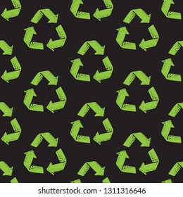 Seamless pattern with recycle reuse symbol isolated on black background. Recycle sign for ecological design zero waste lifestyle
