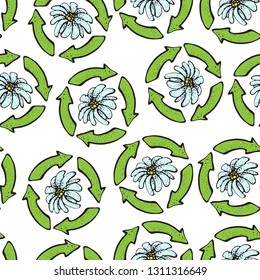 Seamless pattern with recycle reuse symbol and flower isolated on white background. Recycle sign for ecological design zero waste lifestyle