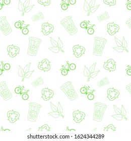 Seamless pattern of recycle sign, bicycle, garbage can, leaf in green colour.  Waste to energy.  For wrapping paper, wallpaper, fabric pattern, backdrop, print, gift wrap, cover of notebook, envelope