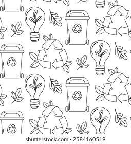 Seamless pattern with recycle symbols, garbage cans, light bulb and leaves. Eco friendly background in doodle style