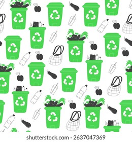 Seamless pattern of recycling waste bins and materials in flat style on white background