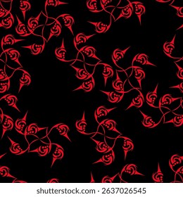 Seamless pattern with red abstract floral ornament on black background. Vector illustration for your designs in abstract ornamental style