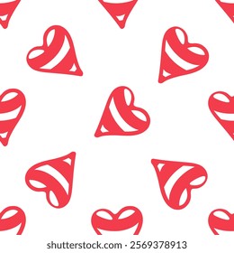 Seamless pattern with red abstract hearts on white background in flat doodle style