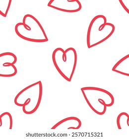 Seamless pattern with red abstract hearts on white in doodle style