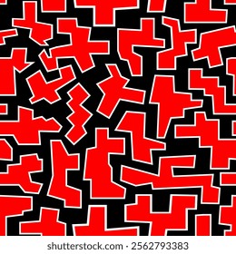 Seamless pattern with red abstract shapes on a black background. Vector illustration. For interior and stage decoration, and for clothing design in an abstract geometric style