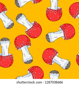 Seamless pattern with red agaric mushrooms on bright yellow background. Hand drawn vector illustration.