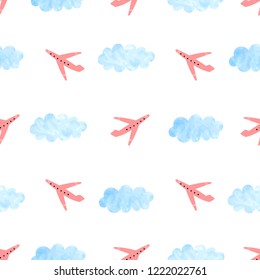 Seamless pattern with red airplanes and blue clouds on a white background. Vector illustration for children.