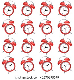 Seamless pattern with red alarm clock tilted left and right on white background, Pattern graphic style, Vector illustration