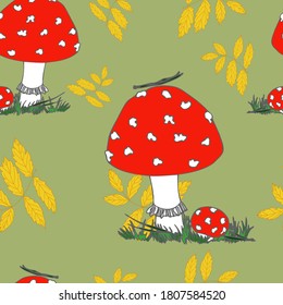 Seamless pattern
red amanita in the autumn forest.