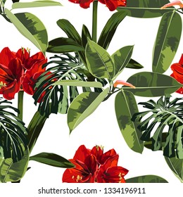 Seamless pattern, red Amaryllis (Hipperastrum) lilies, tropical ficus and monstera leaves on white background.