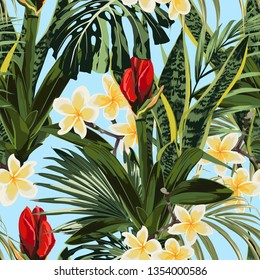 Seamless pattern, red Amaryllis (Hipperastrum) lilies, plumeria flowers and tropical plants, palm leaves, monstera on blue background.