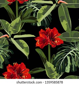 Seamless pattern, red Amaryllis (Hipperastrum) lilies flowers and tropical plants, ficus plant, monstera on black background.