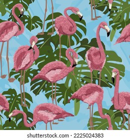 Patrón sin foco con flamencos rojos americanos y hojas tropicales. Rúber fénicoptero o flamingo caribeño. Aves silvestres de América del Sur, Galápagos e islas del Caribe. animal realista.