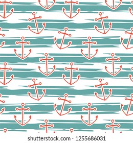 Seamless pattern red anchor on a white background with blue stripes