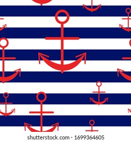 Seamless pattern with red anchors on striped background. Simple flat design. Sea and ocean. Maritime equipment. Ship and boat. For postcards, scrapbooking, wallpaper textile and wrapping paper