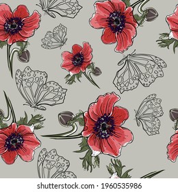 Seamless pattern of red anemones with butterflies on a gray background. Flowers and butterflies. Spring and summer flowers and butterflies. Hand draw, cartoon,doodle