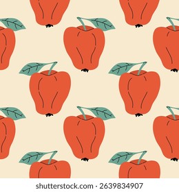 Seamless pattern with red apple in cartoon flat style on white background. Cute fruit arranged in polka dot order. Perfect for fabric, wallpaper, kids design and wrapping.