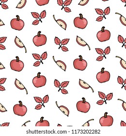 Seamless pattern of red apple and fall leaves on a white background. Autumn wallpaper. Hand drawing. Vector illustration in a cartoon style.