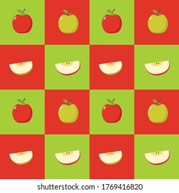 Patrón sin foco con manzana roja y fondo de manzana verde. Fondo de vector de corte. Luminosa ilustración de los frutos del verano. El diseño de la mezcla de frutas en el tejido y la decoración. frutos de fondo en los pasos 10