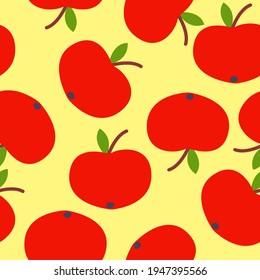 Seamless pattern. Red apple. Green leaf. Yellow background. Vegan or vegetarian. Healthy lifestyle. Nature and ecology. Agriculture and gardening. Post cards, wallpaper, textile, wrapping paper, print