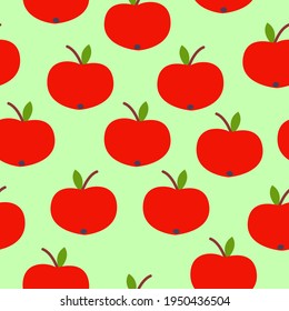 Seamless pattern. Red apple. Green leaf. Green background. Vegan or vegetarian. Healthy lifestyle. Nature and ecology. Agriculture and gardening. Post cards, wallpaper, textile, wrapping paper, print