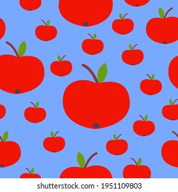 Seamless pattern. Red apple. Green leaf. Blue background. Vegan or vegetarian. Healthy lifestyle. Nature and ecology. Agriculture and gardening. Post cards, wallpaper, textile, wrapping paper, print