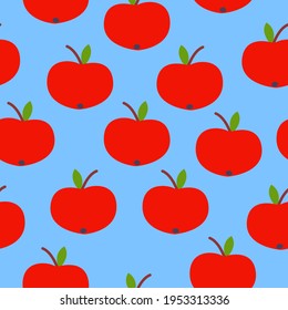Nahtloses Muster. Roter Apfel. Grünes Blatt. Blauer Hintergrund. Veganer oder Vegetarier. Gesunder Lebensstil. Natur und Ökologie. Landwirtschaft und Gartenbau. Postkarten, Tapeten, Textilien, Packpapier, Druck