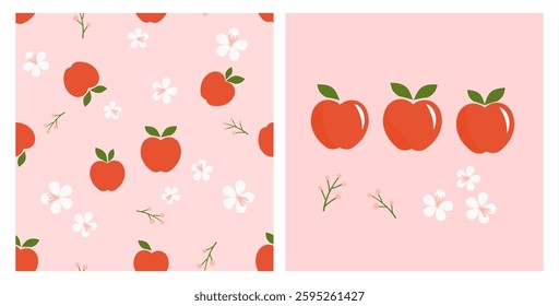 Seamless pattern of red apple with green leaves and white flower on pink background. Set of apple icon sign vector.