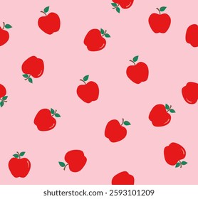 Seamless pattern with red apple on pink background.