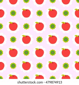 Seamless pattern of red apple and small flower background