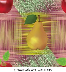 Seamless pattern with  red apple and yellow pear on grunge striped background
