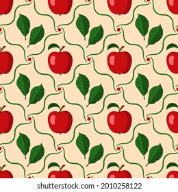 Seamless pattern with red apples in diagonal wavy grid on beige background Good for kitchen, home decoration