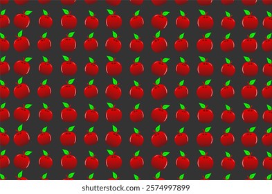 Seamless pattern of red apples. Each apple is bright red with green leaves on top, arranged symmetrically in rows and columns. This pattern is perfect for graphic design, backdrops, or other creative.