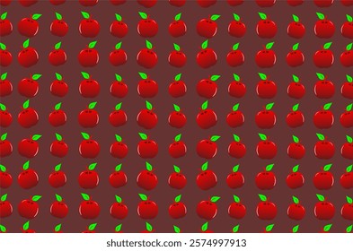 Seamless pattern of red apples. Each apple is bright red with green leaves on top, arranged symmetrically in rows and columns. This pattern is perfect for graphic design, backdrops, or other creative.