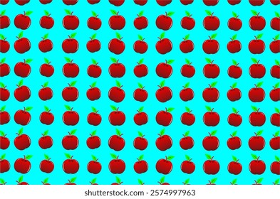 Seamless pattern of red apples. Each apple is bright red with green leaves on top, arranged symmetrically in rows and columns. This pattern is perfect for graphic design, backdrops, or other creative.